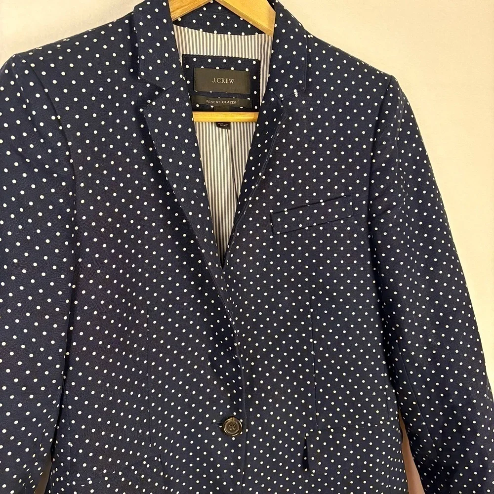 J. Crew 100% Linen Blue and White Polka Dot Regent Blazer